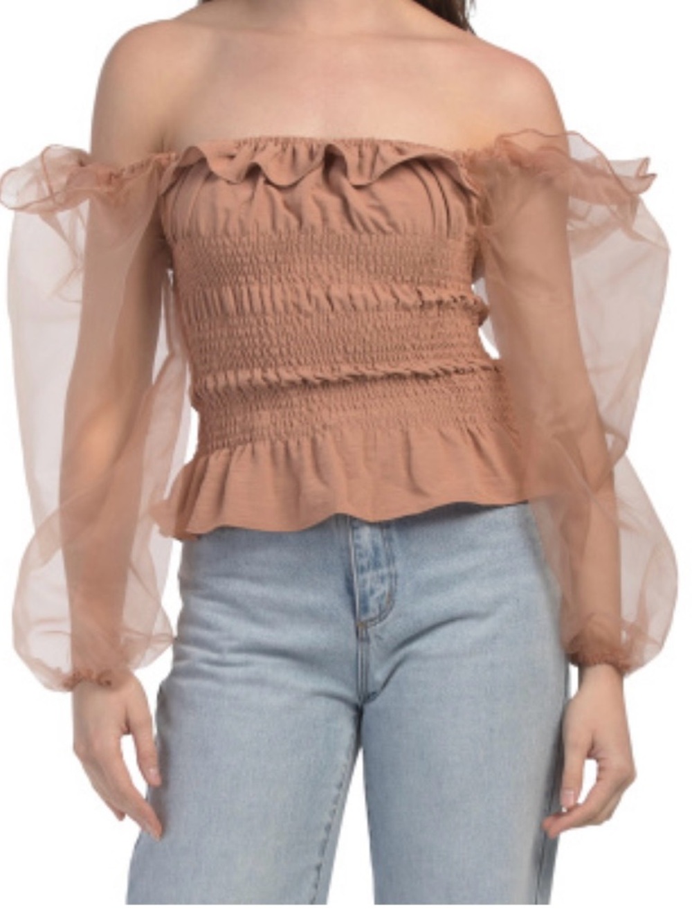 Sheer Puff-Sleeve Smocked Off-the-Shoulder Blouse in Dusty Peach